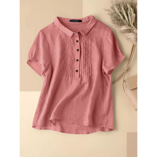 Solid Patchwork Button Lapel Short Sleeve Casual Blouse