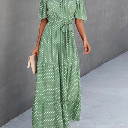 Dot Print Off Shoulder Short Sleeve Dress With Belt