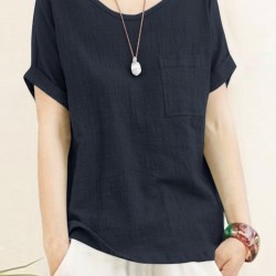 Solid Pocket Roll Short Sleeve Round Neck Casual Blouse