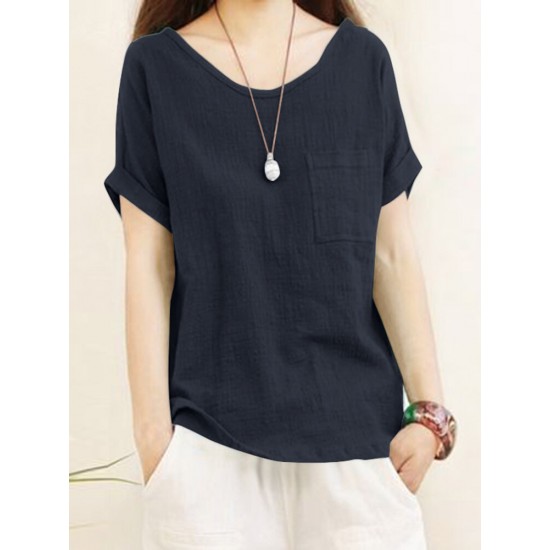 Solid Pocket Roll Short Sleeve Round Neck Casual Blouse