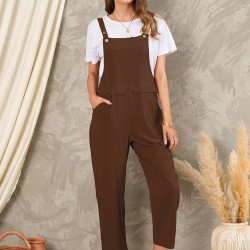 Solid Pocket Sleeveless Button Casual Jumpsuit For Women