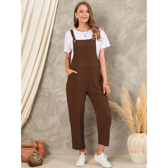 Solid Pocket Sleeveless Button Casual Jumpsuit For Women