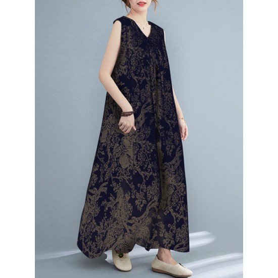 Plant Print Ruched Sleeveless Casual Maxi Cotton Dress