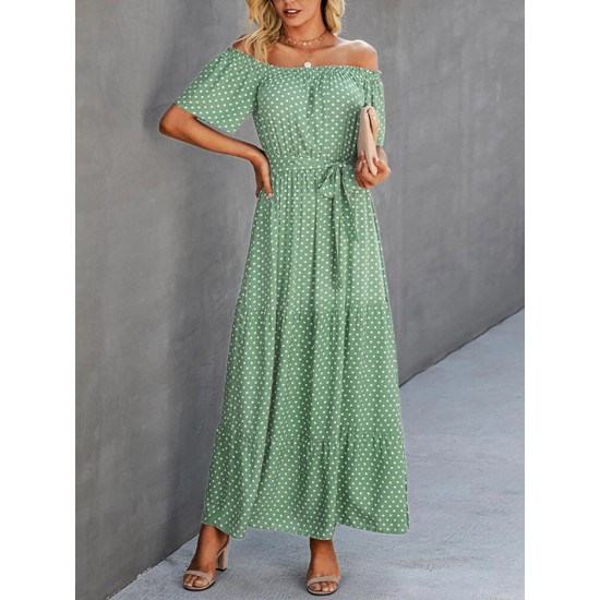 Dot Print Off Shoulder Short Sleeve Dress With Belt