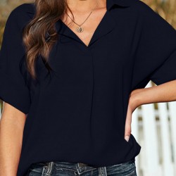 Solid Lapel Half Sleeve Casual Blouse