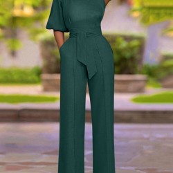 High Waist Solid Pocket Asymmetrical One Shoulder Jumpsuit