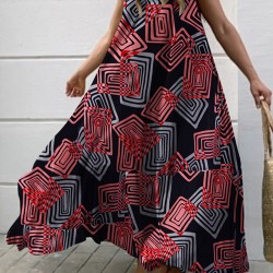 Geometry Print Backless Sleeveless V Neck Spaghetti Maxi Dress