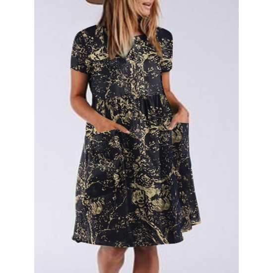 Cotton Plant Print Button Pocket Short Sleeve Midi Dress