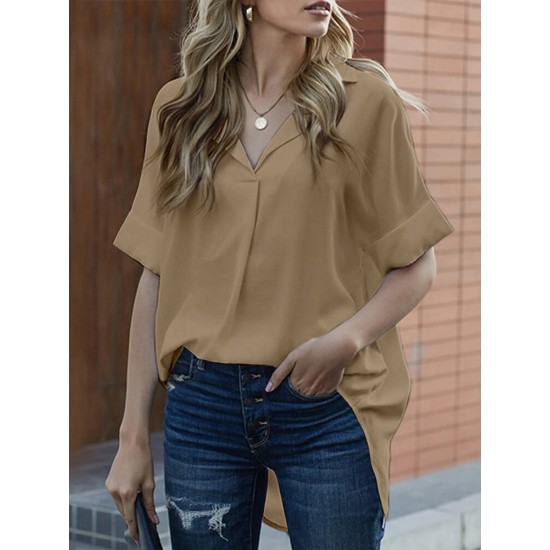 Solid Lapel Half Sleeve Casual Blouse