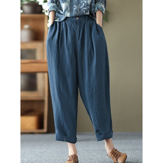 Leisure Solid Cotton Pocket Casual Cotton Pants