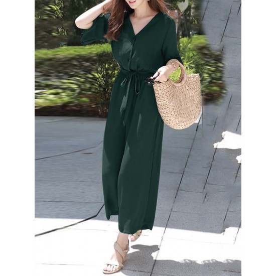 Solid Belt Pocket Button Ruffle Sleeve V  neck Jumpsuit