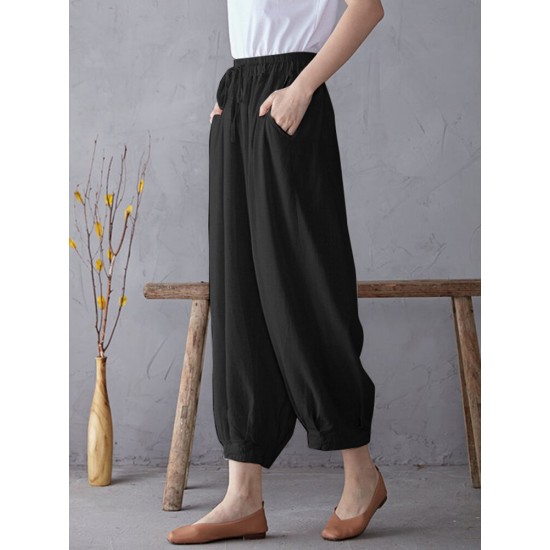 Solid Elastic Waist Drawstring Pocket Cotton Casual Pants