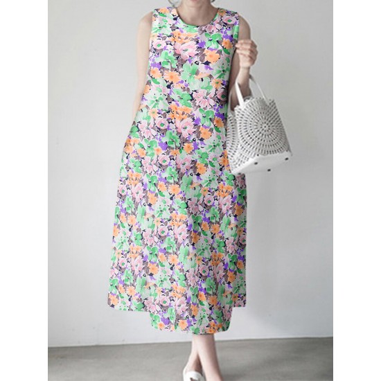 Calico Sleeveless Round Neck Print Dress