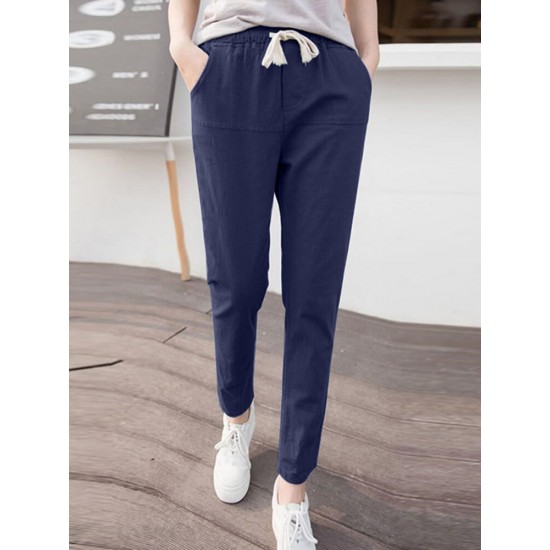 Solid Pocket Drawstring Elastic Waist Casual Tapered Pants