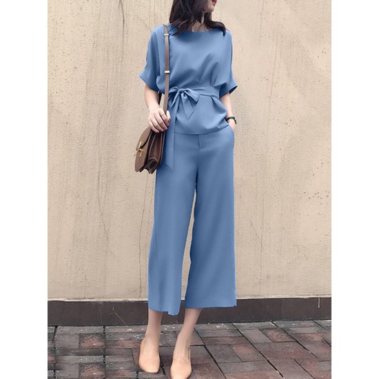 Solid Belt Pocket Rolled Sleeve Wide Leg Two Pieces Suit