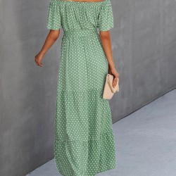 Dot Print Off Shoulder Short Sleeve Dress With Belt