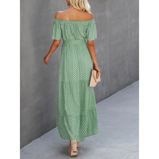 Dot Print Off Shoulder Short Sleeve Dress With Belt