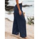 Leisure Solid Shirring Pocket Wide Leg Cotton Pants