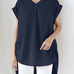 Solid Ruched Short Sleeve V Neck Casual Blouse