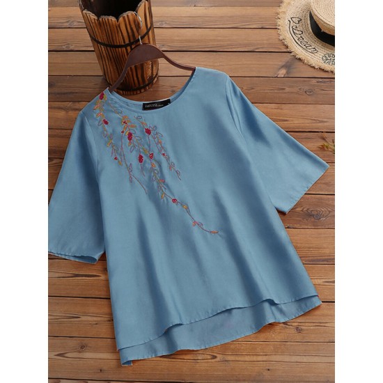 Plants Embroidered Round Neck Half Sleeve Casual Blouse