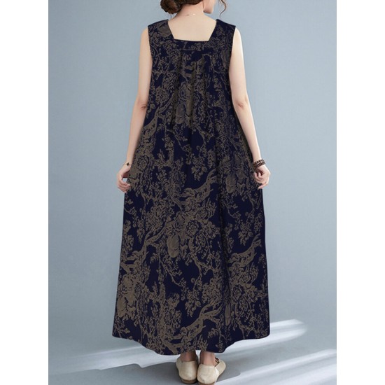 Plant Print Ruched Sleeveless Casual Maxi Cotton Dress