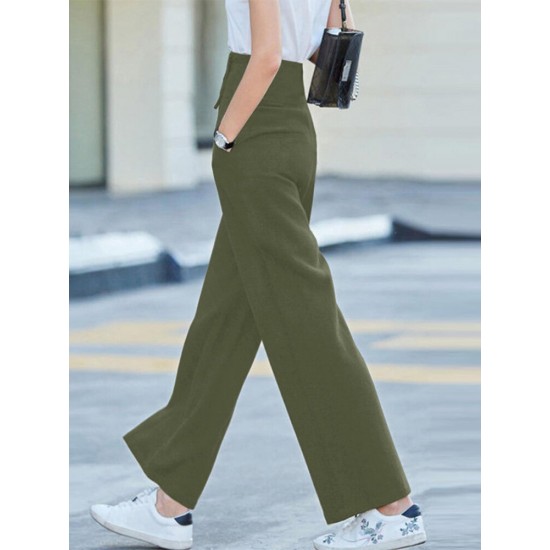 Solid Pocket Button Wide Leg High Waist Casual Pants