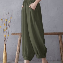 Solid Elastic Waist Drawstring Pocket Cotton Casual Pants