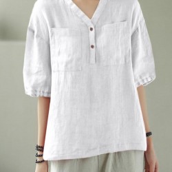 Solid Button Pocket V Neck Half Sleeve Casual Cotton Blouse