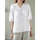 Solid Button Pocket V Neck Half Sleeve Casual Cotton Blouse