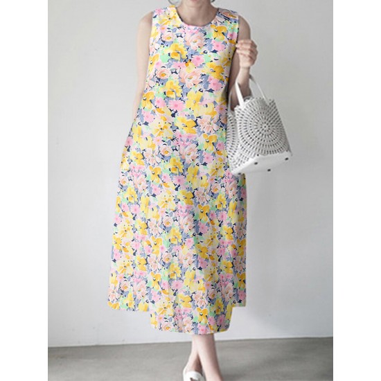 Calico Sleeveless Round Neck Print Dress