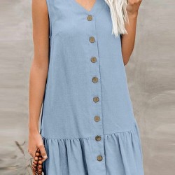 Cotton Solid Button Ruffle Sleeveless V Neck Casual Dress