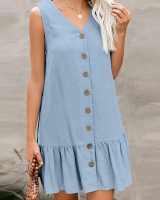 Cotton Solid Button Ruffle Sleeveless V Neck Casual Dress