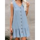 Cotton Solid Button Ruffle Sleeveless V Neck Casual Dress