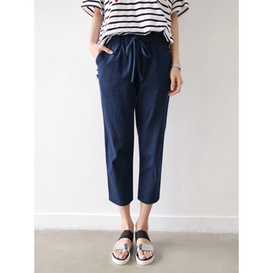 Leisure Solid Drawstring Pocket Cotton Casual Pants