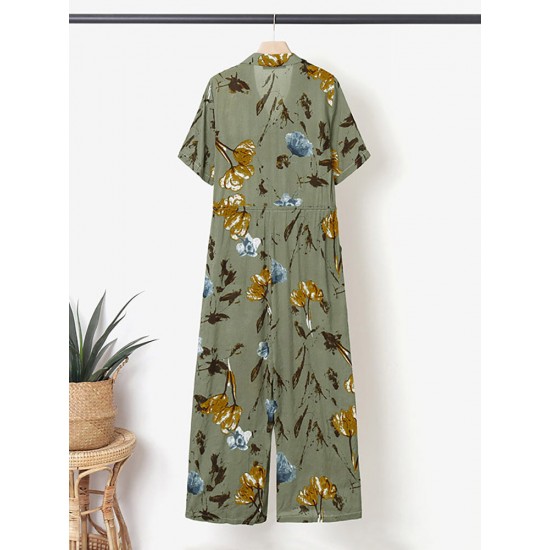 Floral Print Button Pocket Short Sleeve Wide Leg Jumpsuit