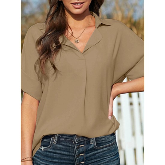 Solid Lapel Half Sleeve Casual Blouse