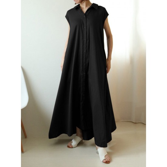 Solid Button Lapel Ruched Short Sleeve Maxi Shirt Dress