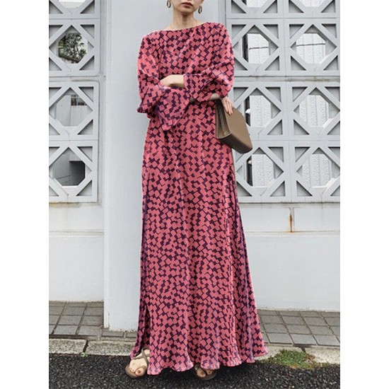 Geo Print Long Sleeve Slit Side Crew Neck Maxi Dress