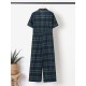 Plaid Print Button Pocket Short Sleeve Wide Leg Jumpsuit