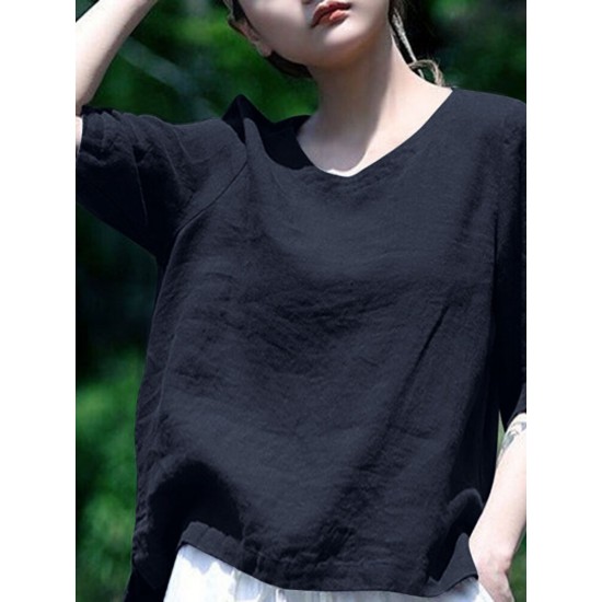 Solid Half Sleeve Crew Neck Casual Women Blouse