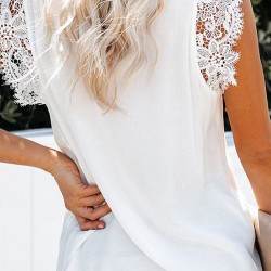 Solid Lace Patchwork V Neck Casual Blouse