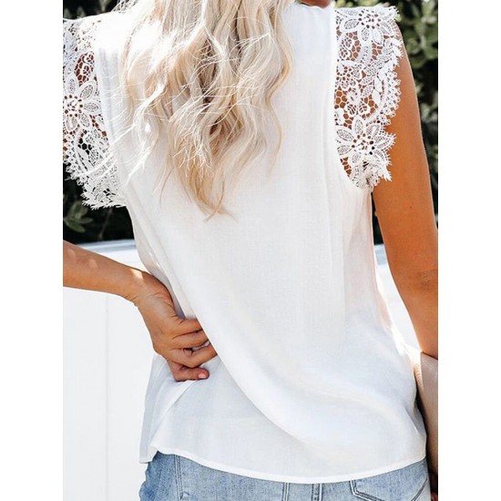 Solid Lace Patchwork V Neck Casual Blouse