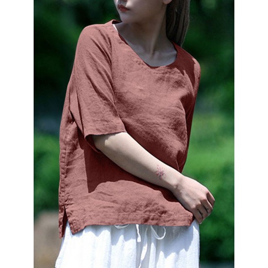 Solid Half Sleeve Crew Neck Casual Women Blouse