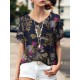 Plant Print V Neck Short Sleeve Casual Blouse