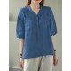 Solid Button Pocket V Neck Half Sleeve Casual Cotton Blouse