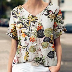 Plant Print V Neck Short Sleeve Casual Blouse