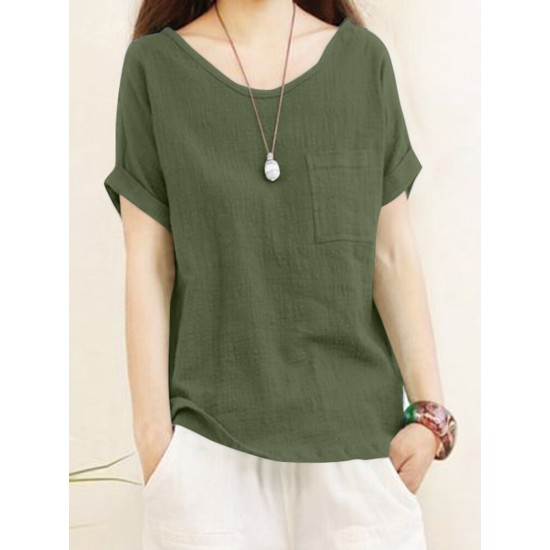 Solid Pocket Roll Short Sleeve Round Neck Casual Blouse