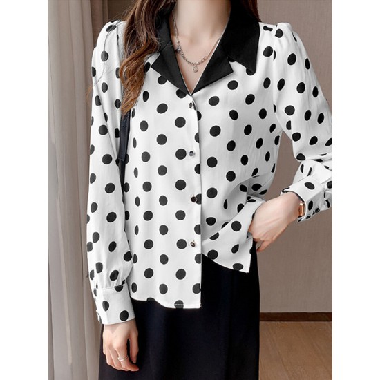 Polka Dot Contrast Color Lapel Button Long Sleeve Casual Shirt