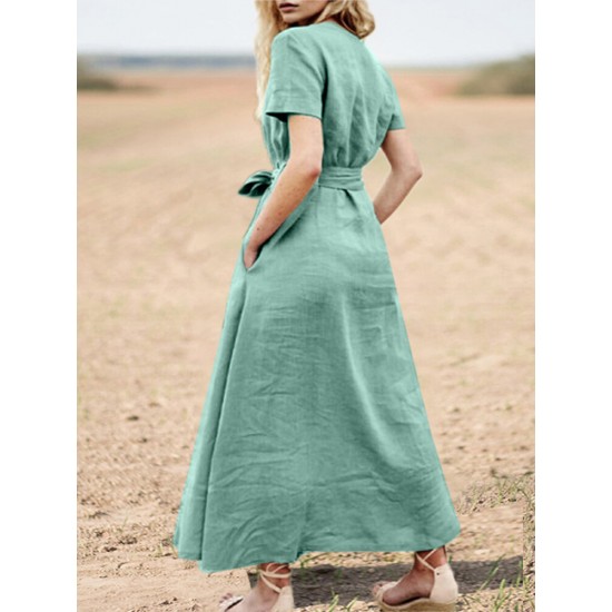 Solid Pocket Sash Short Sleeve Cotton Casual Maxi Dress