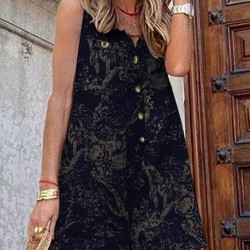 Plants Print Pocket Button Front Sleeveless V  neck Romper